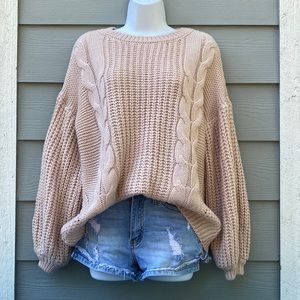 Light Pink Drop Shoulder Chunky Knit Crewneck Sweater